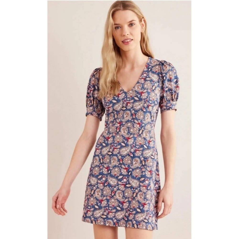 Boden‎ Blue Paisley Print 100% Cotton V Neck Blue Pink Mini/Knee Shift Dress 8R